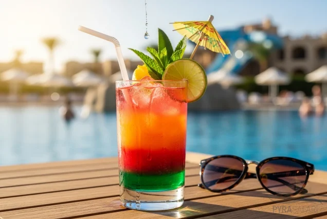 Refreshing fruit mocktail by the pool at a luxury Sharm El Sheikh Aqua Park