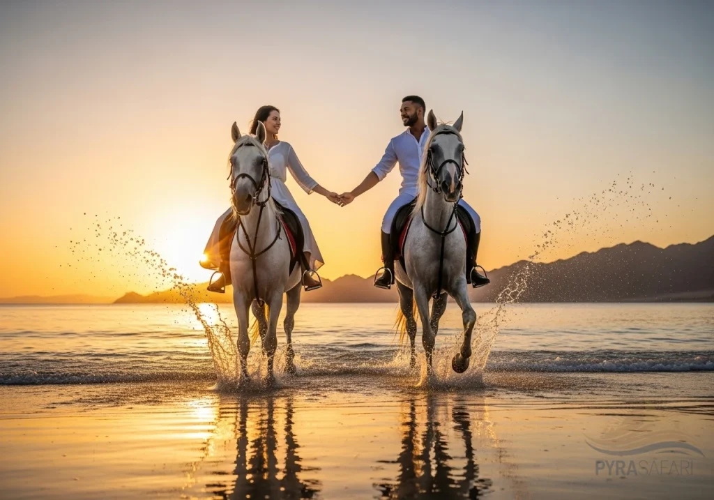 Romantic couple horseback riding on Sharm El Sheikh beach at sunset