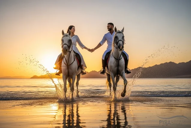 Romantic couple horseback riding on Sharm El Sheikh beach at sunset