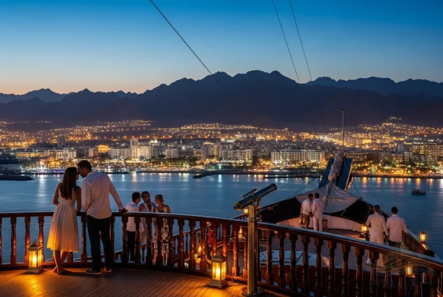 Stunning night view of Sharm El Sheikh coastline from a luxury dinner cruise