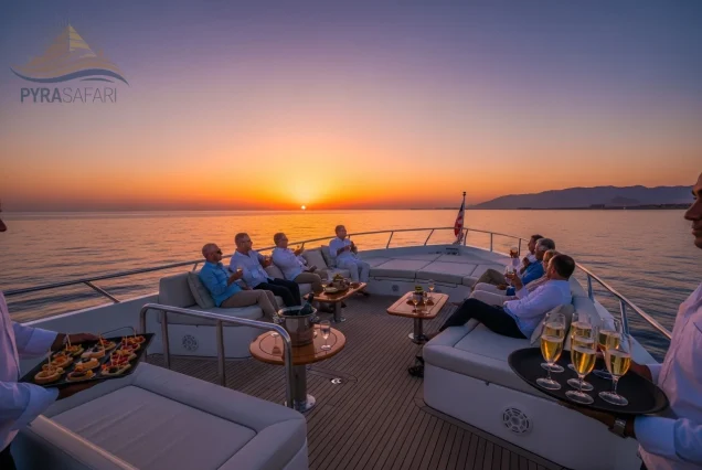 Sunset cruise returning to Sharm El Sheikh from Tiran Island, a perfect end to a luxury Red Sea snorkeling adventure with PyraSafari.