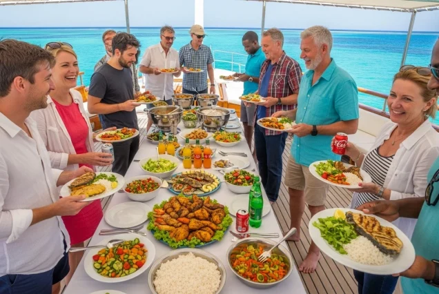 Tourists enjoying a delicious buffet lunch on a PyraSafari boat during a Red Sea trip (1)