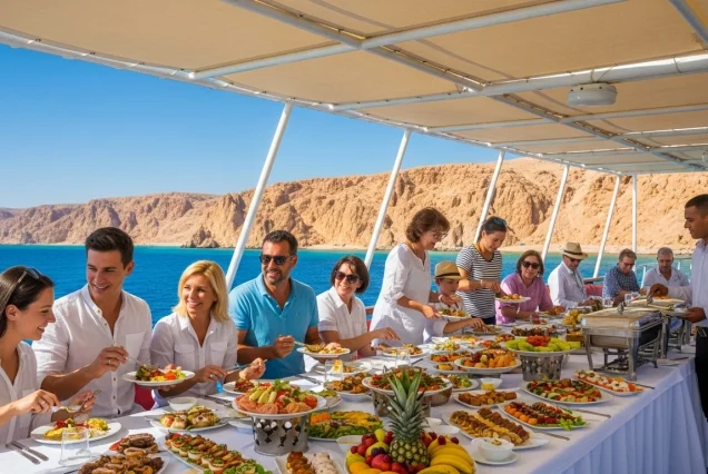 Tourists enjoying a delicious buffet lunch on a PyraSafari boat during a Red Sea trip (2)