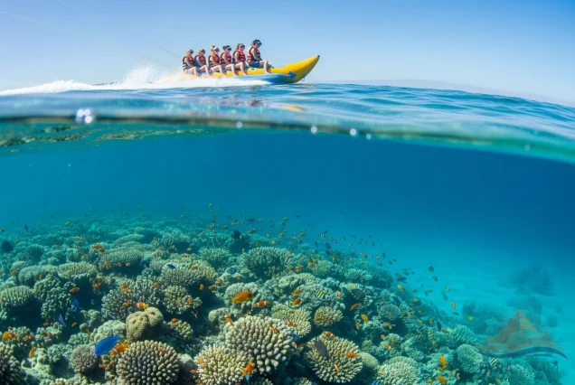 Underwater view of Red Sea corals while banana boating in Sharm El Sheikh