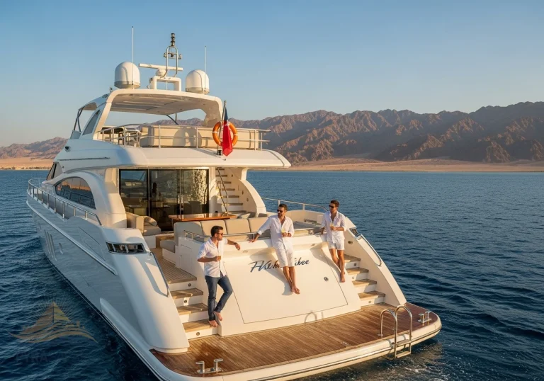 VIP luxury yacht trip to Ras Mohammed from Sharm El Sheikh, showcasing elegant yacht and stunning Red Sea scenery.