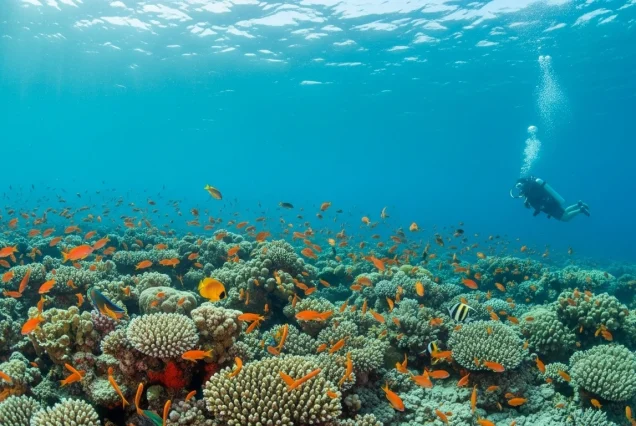 Vibrant Red Sea coral reef with diverse marine life, seen by a PADI certified diver.
