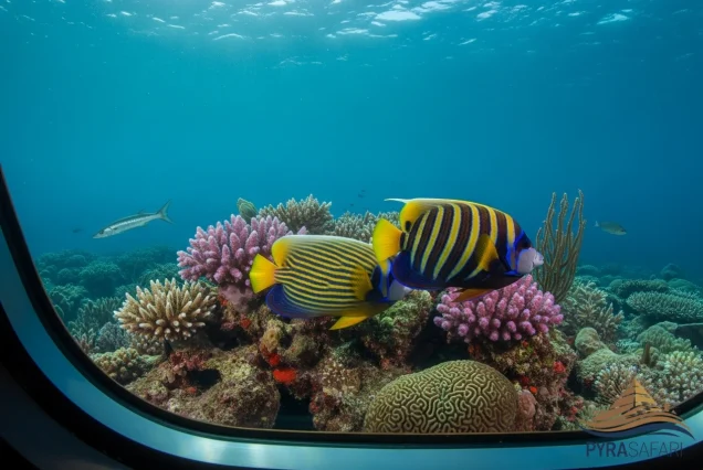 Vibrant clownfish and coral reef seen clearly through the window of a luxury submarine during a Sharm El Sheikh underwater tour.