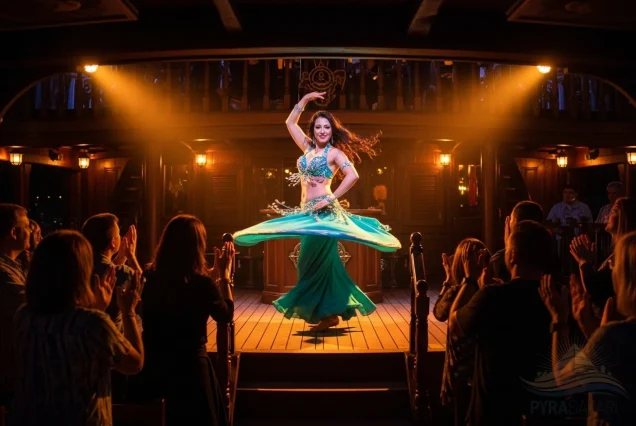 Vibrant live belly dance show during a pirates dinner cruise in Sharm El Sheikh