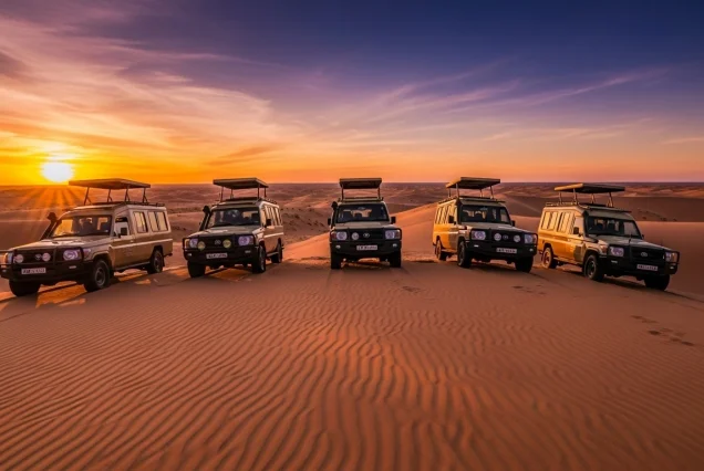 4WD vehicles lined up against a stunning desert sunset in Sharm El Sheikh, ready for a safari adventure.