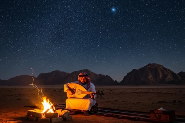 A Bedouin musician playing traditional oud by a campfire under a starlit sky at a desert camp in Sharm El Sheikh.