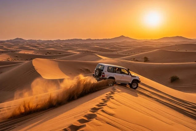 A powerful 4WD vehicle kicks up sand while dune bashing during an exhilarating Sharm El Sheikh Desert Safari, with a vibrant sunset in the background.