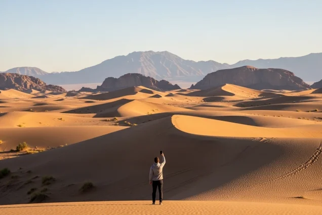 A tourist taking a photo of the vast, untouched desert landscape during a Sharm El Sheikh safari, highlighting its serene beauty.