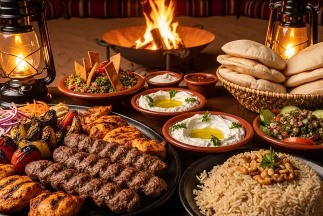Delicious Bedouin BBQ dinner spread with grilled chicken, kofta, salads, and bread, served at a desert camp table under evening lights during a Sharm El Sheikh safari.