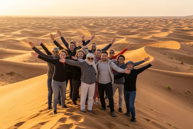 Group of happy tourists posing on top of a desert dune with vast sandscapes stretching behind them during a Sharm El Sheikh safari.