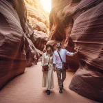 An elegant couple enjoying an easy hike through the vibrant, multi-colored sandstone walls of the Sinai Colorful Canyon from Sharm El Sheikh, demonstrating an accessible desert adventure.