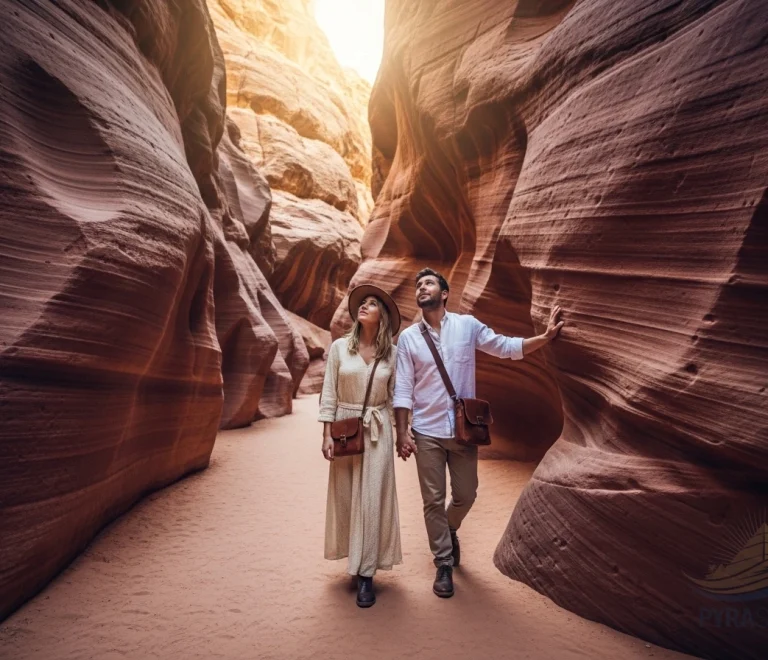 An elegant couple enjoying an easy hike through the vibrant, multi-colored sandstone walls of the Sinai Colorful Canyon from Sharm El Sheikh, demonstrating an accessible desert adventure.