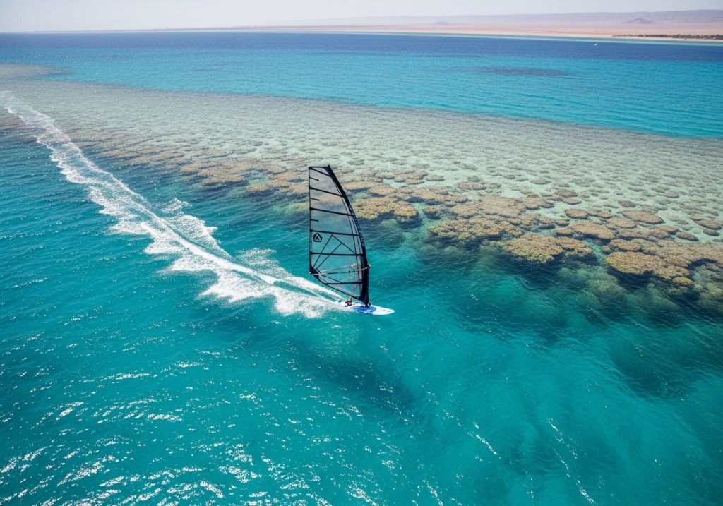 Elegant windsurfing experience in Nabq Bay, Sharm El Sheikh, highlighting perfect wind conditions and the stunning Red Sea marine life visible through clear waters, premium windsurfing Sharm El Sheikh.