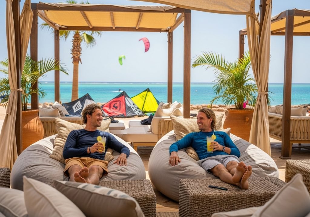 Exclusive PyraSafari lounge in Nabq Bay, Sharm El Sheikh, for post-kitesurfing relaxation, offering luxury amenities and stunning Red Sea views for an exclusive windsurfing experience Sharm El Sheikh.