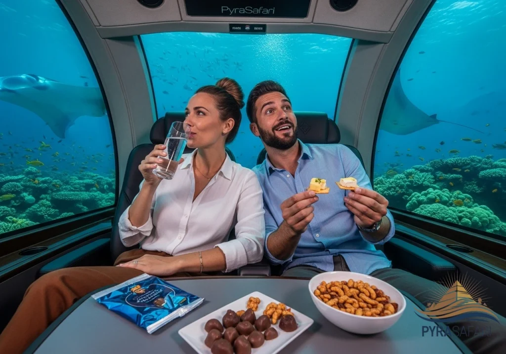 Happy guests enjoying luxury refreshments and stunning Red Sea views on PyraSafari's exclusive Sharm El Sheikh submarine tour.