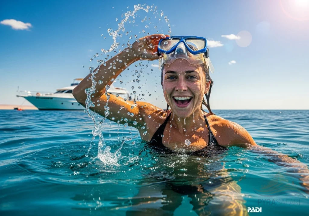 Joyful female diver emerging from the clear Red Sea waters near Sharm El Sheikh, beaming with accomplishment after completing her PADI Open Water course, with a luxury dive boat in the background.