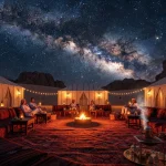 Luxurious Bedouin camp in Sinai desert at night, with soft lighting, campfire, comfortable seating, and a dazzling starry sky. Perfect for a night safari from Sharm El Sheikh.