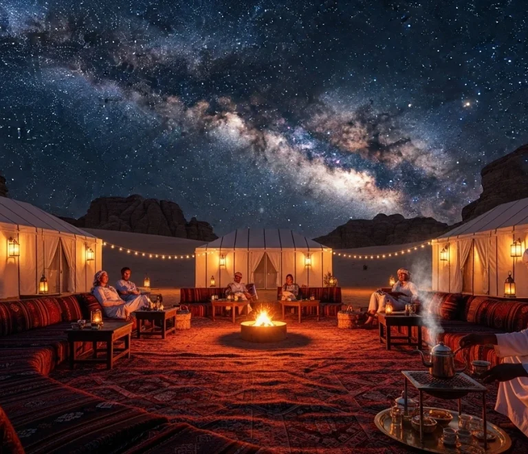 Luxurious Bedouin camp in Sinai desert at night, with soft lighting, campfire, comfortable seating, and a dazzling starry sky. Perfect for a night safari from Sharm El Sheikh.