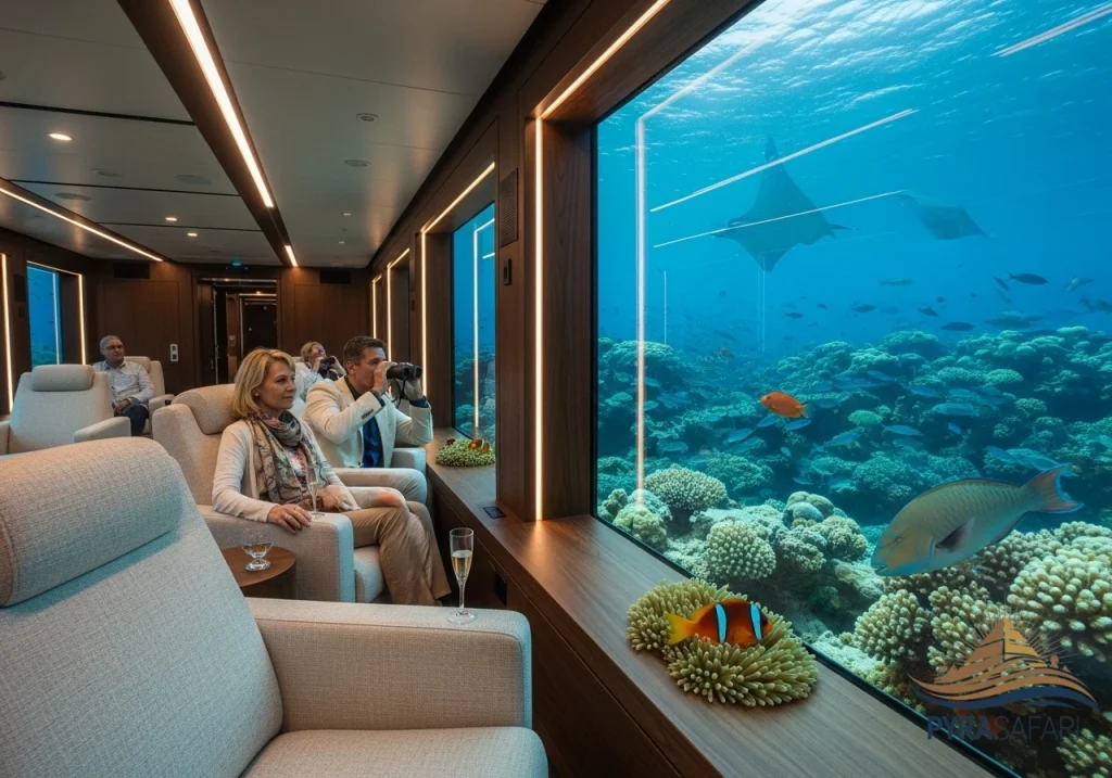 Luxurious interior of PyraSafari submarine, offering unparalleled comfort and panoramic views of Red Sea marine life from Sharm El Sheikh.