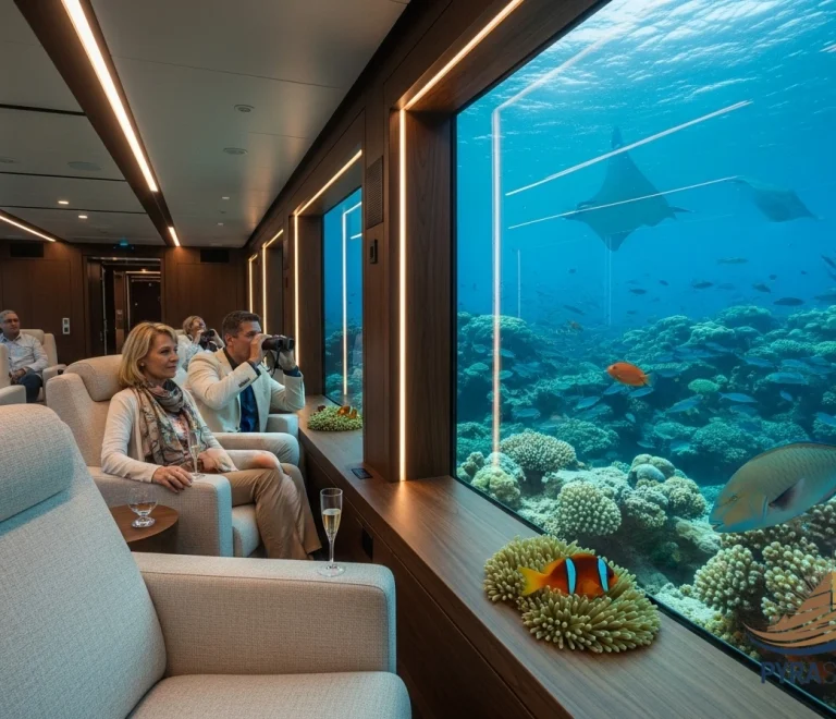 Luxurious interior of PyraSafari submarine, offering unparalleled comfort and panoramic views of Red Sea marine life from Sharm El Sheikh.