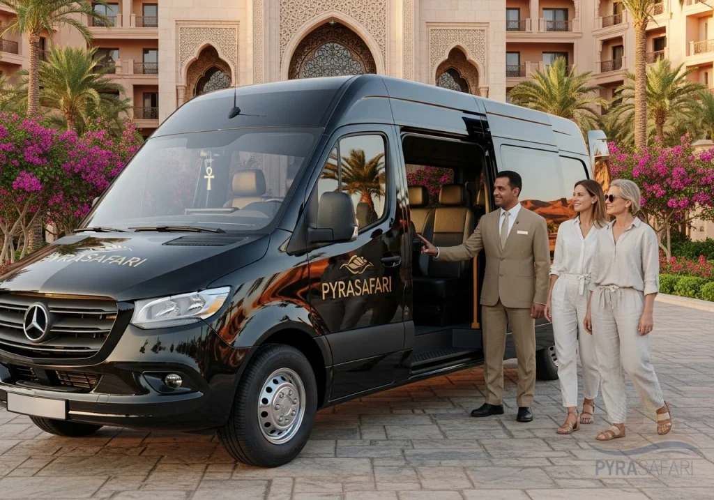 Luxury transfer: PyraSafari vehicle picking up a couple from a five-star hotel in Sharm El Sheikh, emphasizing premium service.
