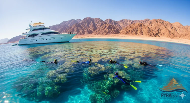 Luxury yacht anchored over a vibrant coral reef in Ras Mohammed, Sharm El Sheikh, during a PyraSafari sea adventure.