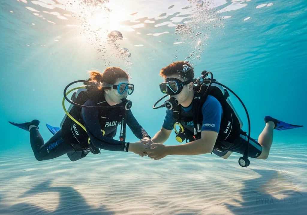 PADI instructor providing one-on-one, patient instruction to a student in clear, shallow confined water, emphasizing personalized attention during a luxury dive course in Sharm El Sheikh.
