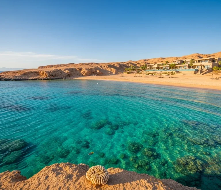 Panoramic view of a luxury resort and pristine turquoise waters of the Red Sea in Sharm El Sheikh, Egypt, hinting at exclusive marine adventures.