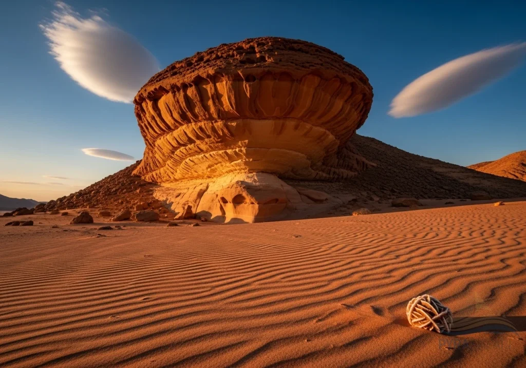 The iconic Mushroom Rock, a unique geological formation, standing majestically in the vast, serene Sinai desert, a highlight of Sharm El Sheikh desert tours.