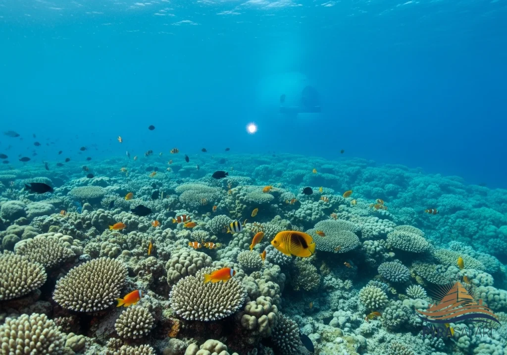 Vibrant Red Sea coral reef and diverse marine life, as seen from the luxury PyraSafari submarine tour from Sharm El Sheikh.