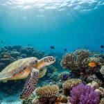 Vibrant Red Sea coral reef teeming with colorful fish and a graceful sea turtle, perfect for PADI diving in Sharm El Sheikh.