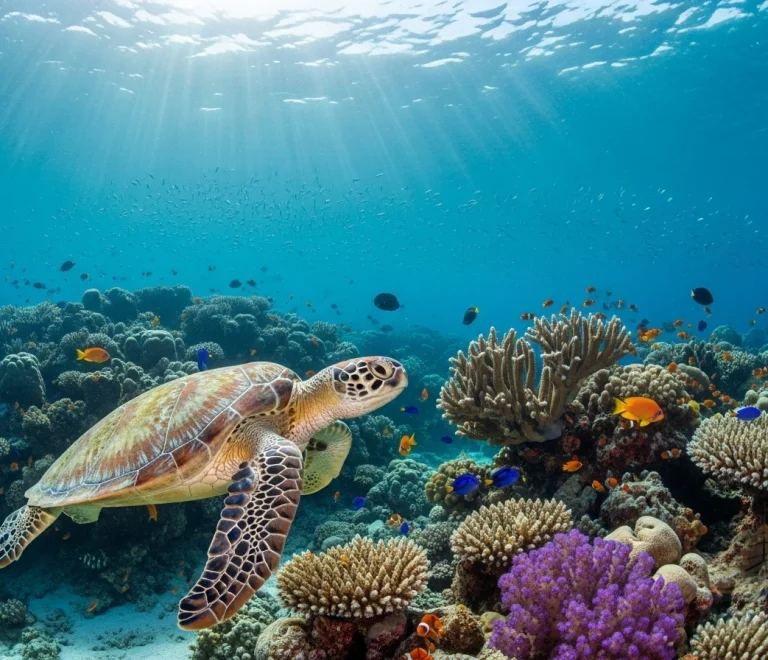 Vibrant Red Sea coral reef teeming with colorful fish and a graceful sea turtle, perfect for PADI diving in Sharm El Sheikh.