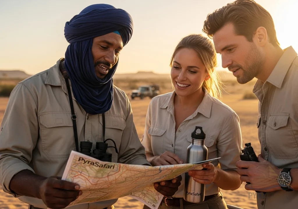A friendly PyraSafari expert guide passionately explaining desert geology to attentive guests in the Sinai desert, highlighting personalized service and luxury amenities like cold water.