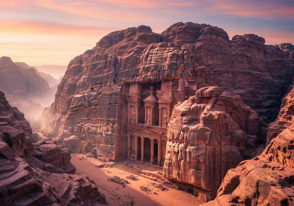 A mystical panoramic view of ancient Petra at dawn, bathed in soft light, inviting luxury travelers from Sharm El Sheikh to discover its timeless beauty.
