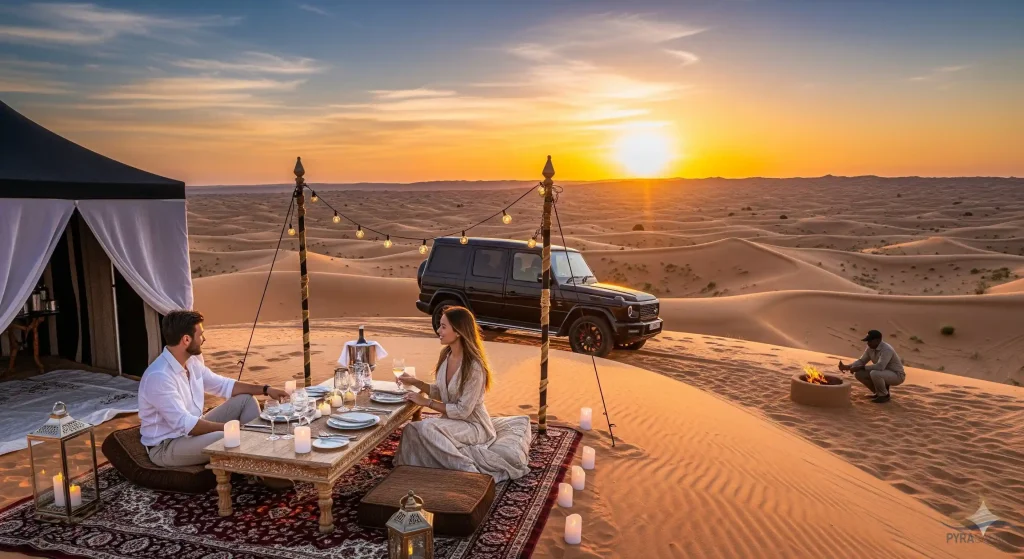 Luxury desert safari in Sharm El Sheikh at sunset with bespoke dining experience. pyrasafari