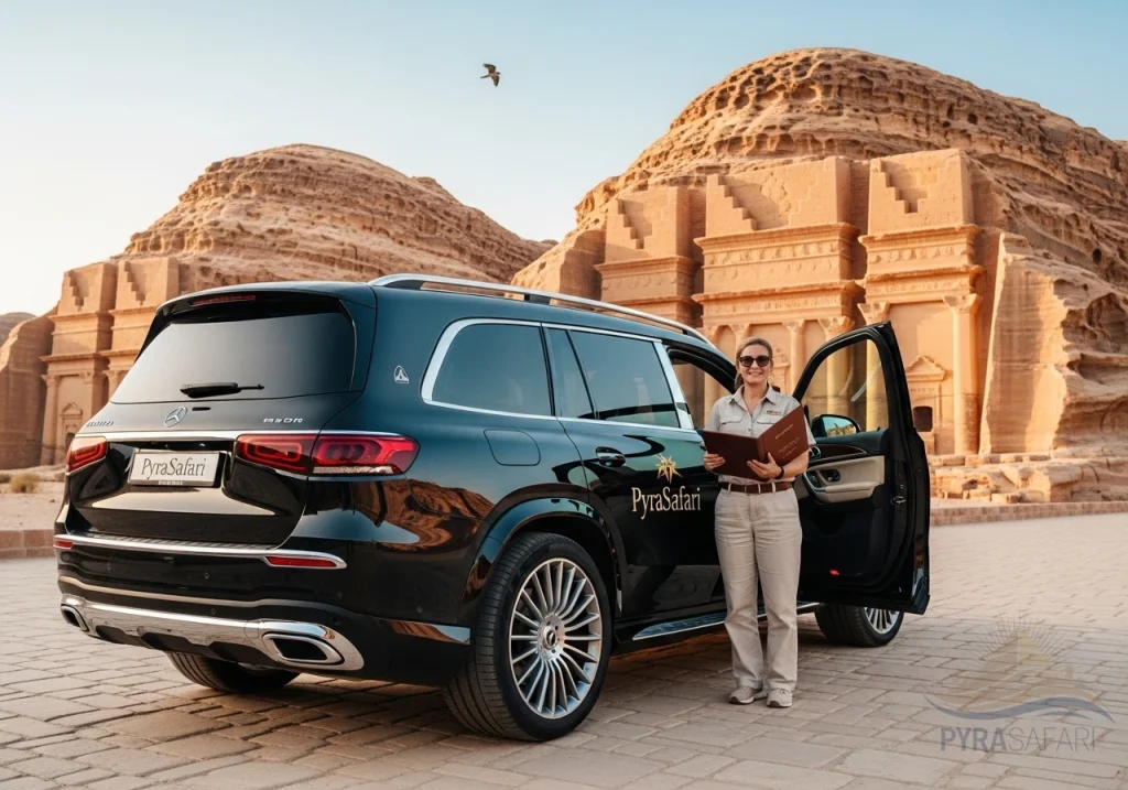 PyraSafari's luxury vehicle and expert guide in Petra, emphasizing seamless, comfortable transfers and knowledgeable guidance on a premium tour from Sharm El Sheikh.