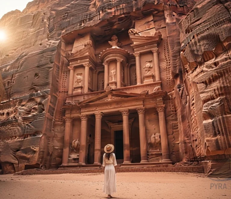 The breathtaking Treasury (Al-Khazneh) in Petra, Jordan, majestically revealed at the end of the Siq, a highlight of luxury tours from Sharm El Sheikh.